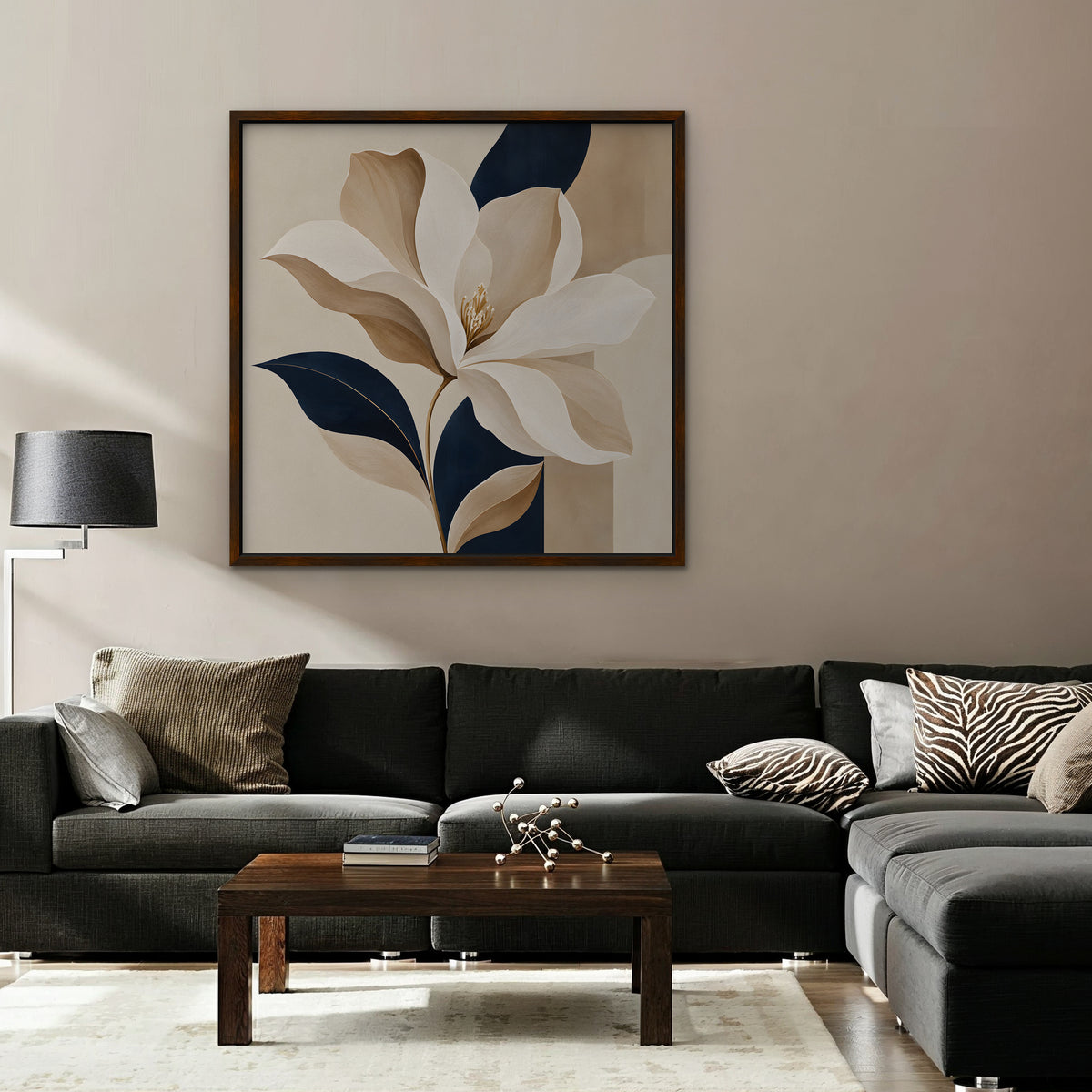 Ivory Magnolia Canvas Art - Square – Walnut Floating Frame in room setting