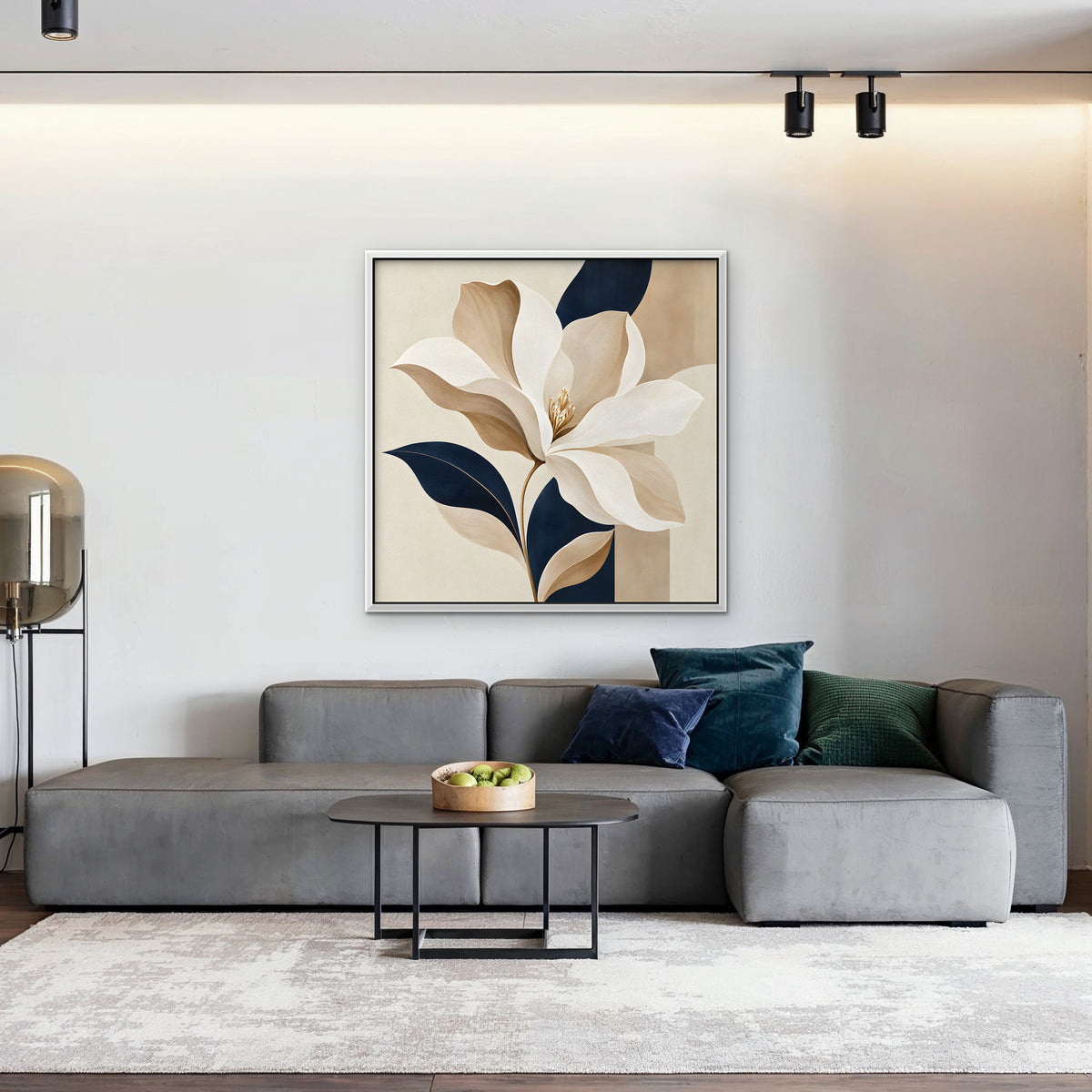 Ivory Magnolia Canvas Art - Square – White Floating Frame in room setting