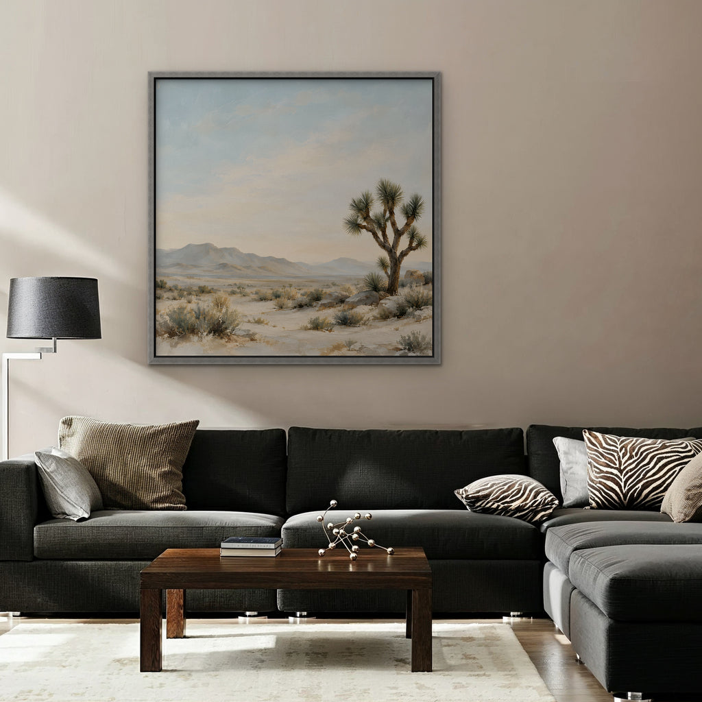 Joshua Tree Desert Canvas Art - Square – Silver Floating Frame in room setting