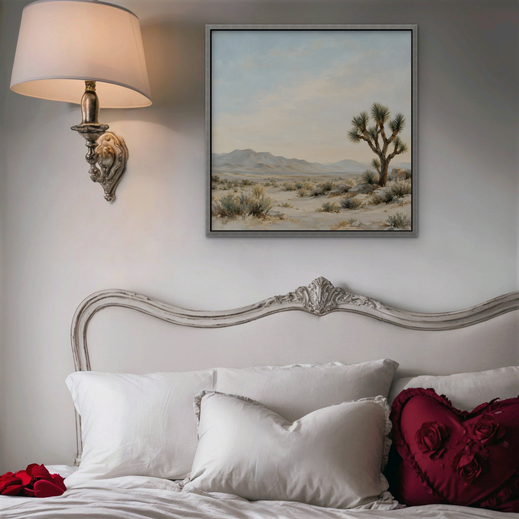 Joshua Tree Desert Canvas Art - Square – Silver Floating Frame in room setting