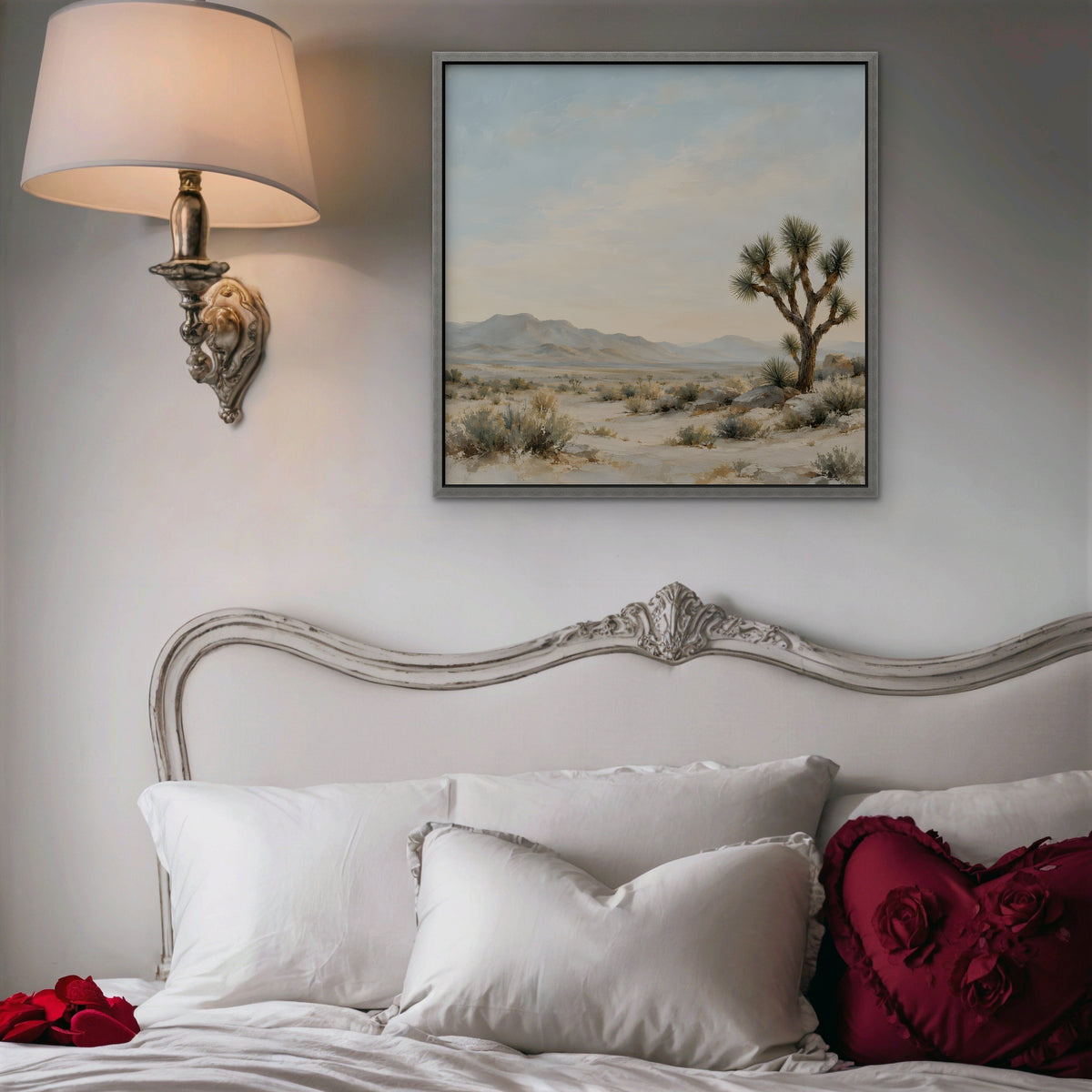 Joshua Tree Desert Canvas Art - Square – Silver Floating Frame in room setting