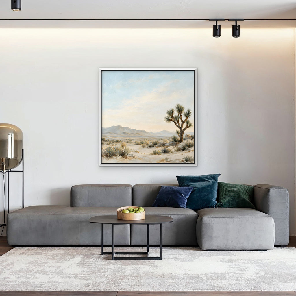Joshua Tree Desert Canvas Art - Square – White Floating Frame in room setting
