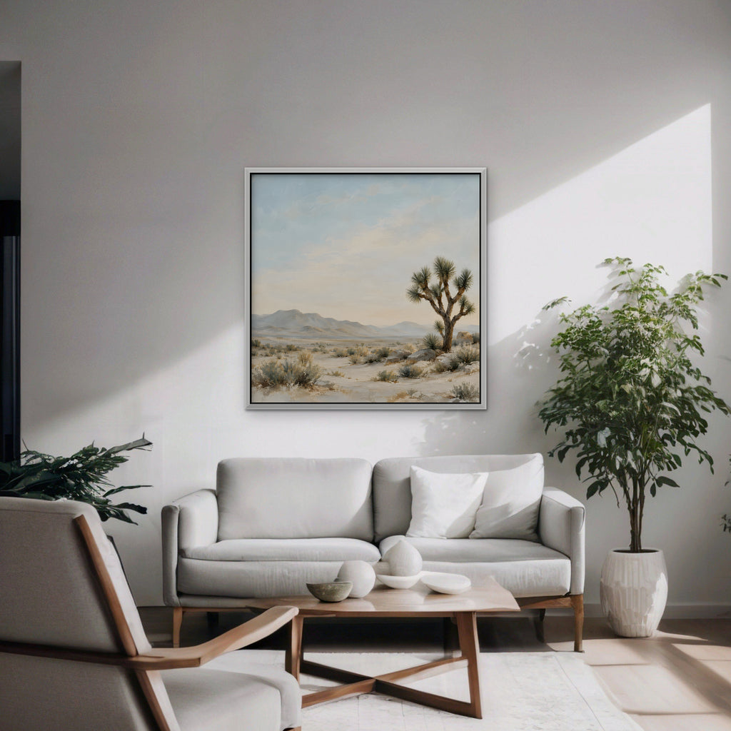 Joshua Tree Desert Canvas Art - Square – White Floating Frame in room setting