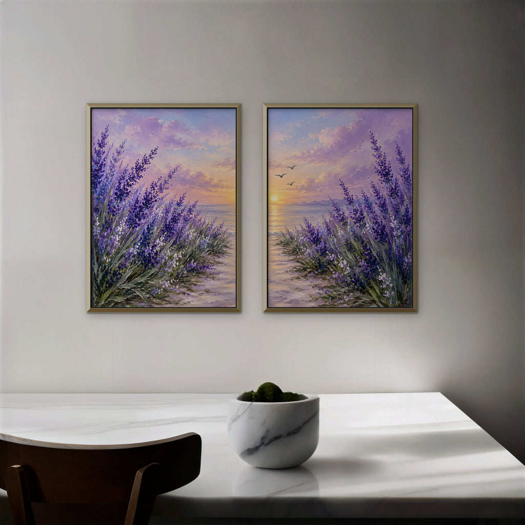 Lavender Sunset Canvas Art - Set of 2 – Gold Floating Frame in room setting