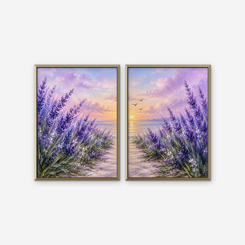 Lavender Sunset Canvas Art - Set of 2 – Gold Floating Frame on white background