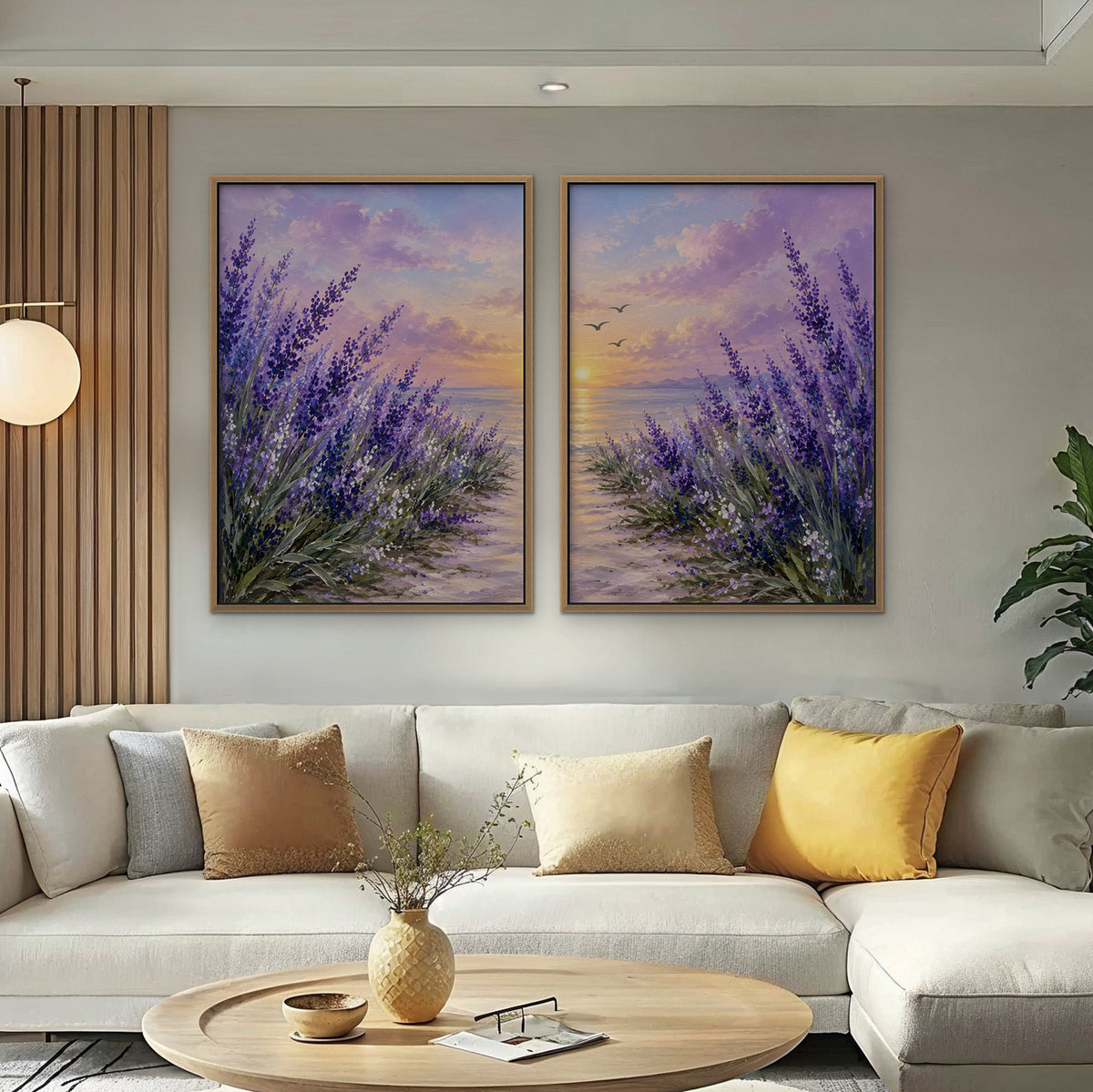 Lavender Sunset Canvas Art - Set of 2 – Oak Floating Frame in room setting