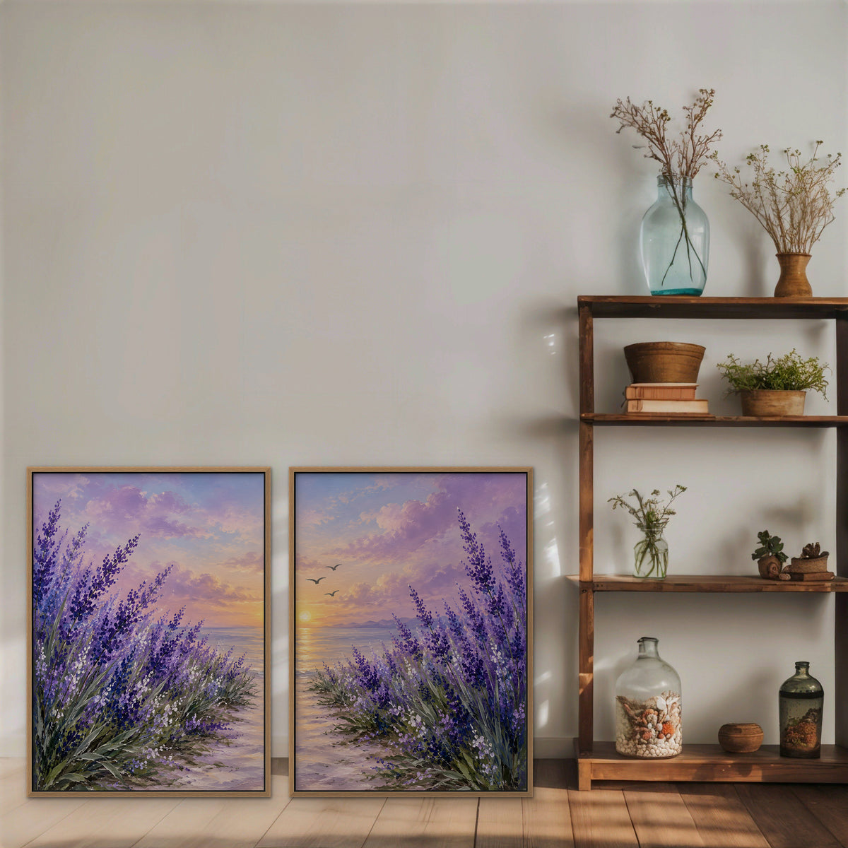 Lavender Sunset Canvas Art - Set of 2 – Oak Floating Frame in room setting