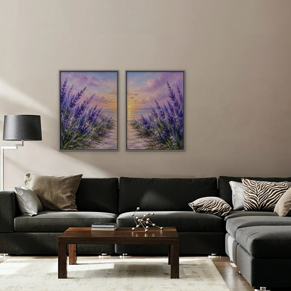 Lavender Sunset Canvas Art - Set of 2 – Silver Floating Frame in room setting