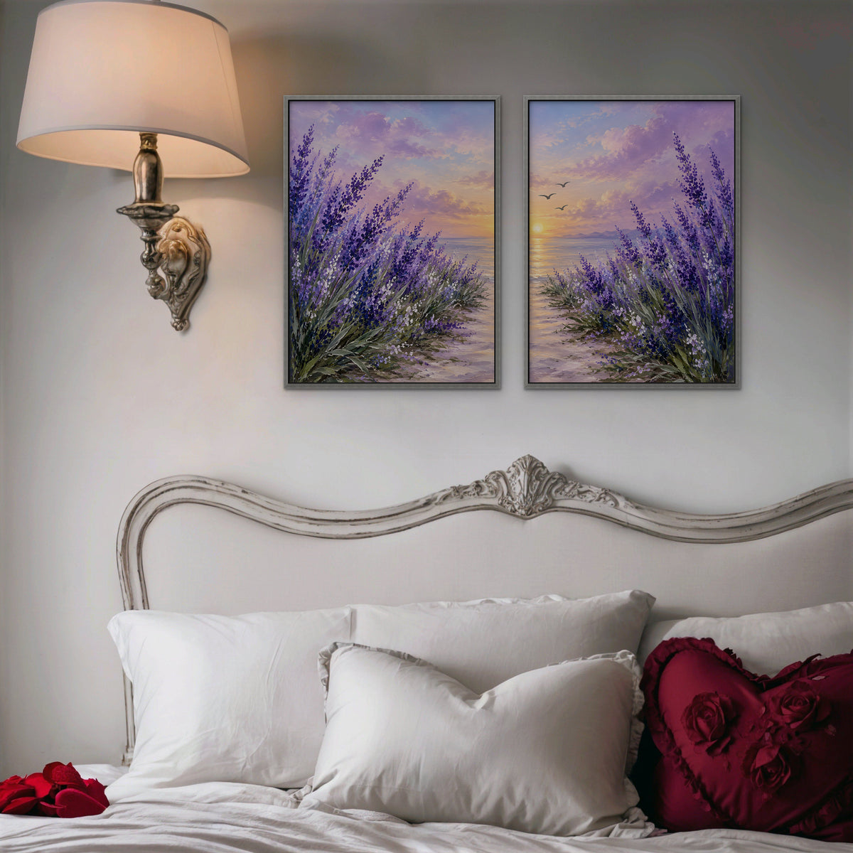 Lavender Sunset Canvas Art - Set of 2 – Silver Floating Frame in room setting