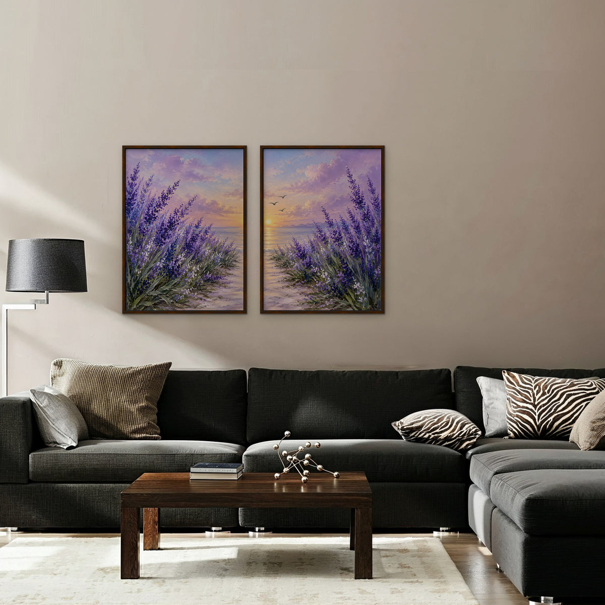 Lavender Sunset Canvas Art - Set of 2 – Walnut Floating Frame in room setting