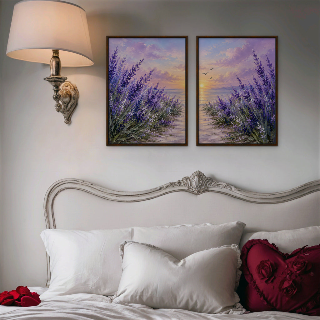 Lavender Sunset Canvas Art - Set of 2 – Walnut Floating Frame in room setting