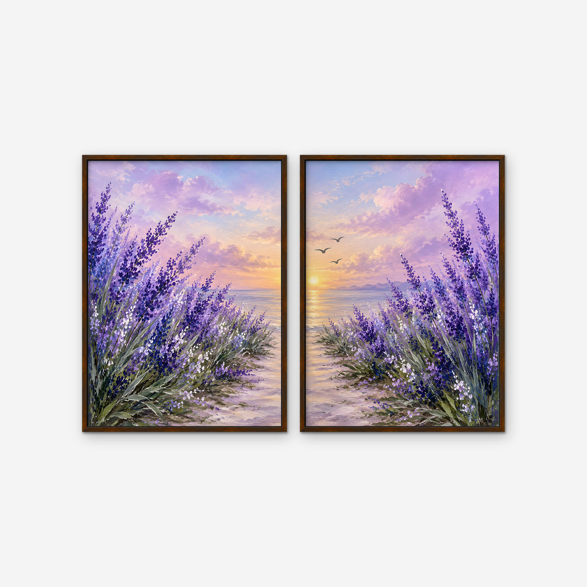 Lavender Sunset Canvas Art - Set of 2 – Walnut Floating Frame on white background