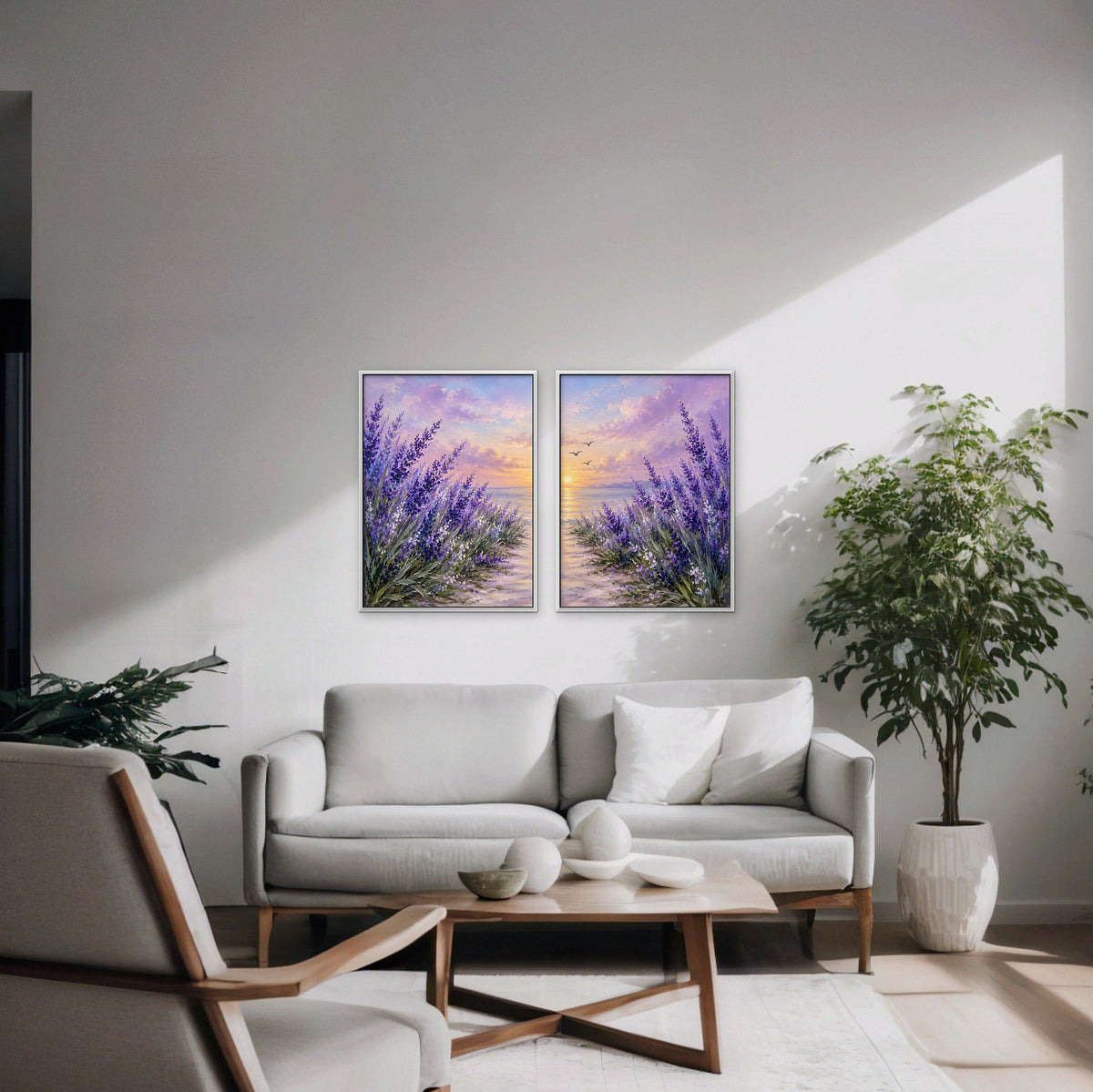 Lavender Sunset Canvas Art - Set of 2 – White Floating Frame in room setting