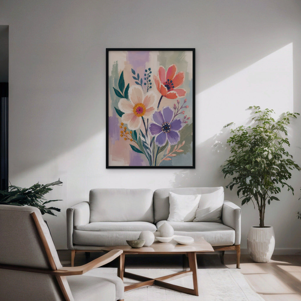 Lilac Garden Bouquet Canvas Art – vertical violet and coral floral print in a black floating frame in a modern living room