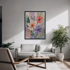 Lilac Garden Bouquet Canvas Art – vertical violet and coral floral print in a black floating frame in a modern living room