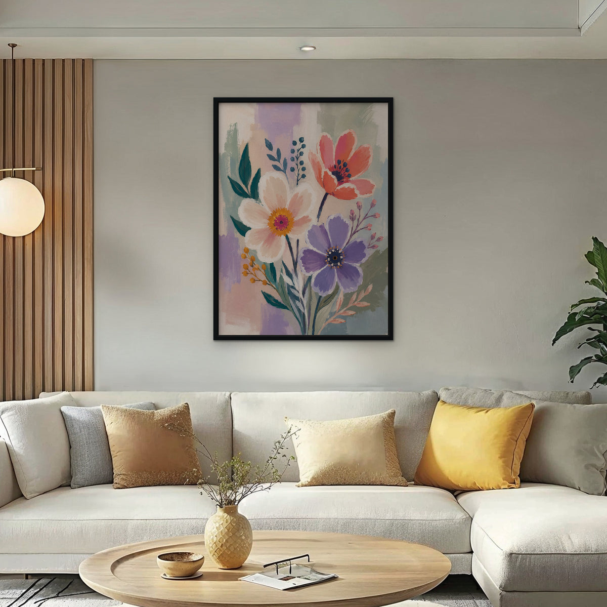 Lilac Garden Bouquet Canvas Art – vertical violet and coral floral print in a black floating frame in a bright living room