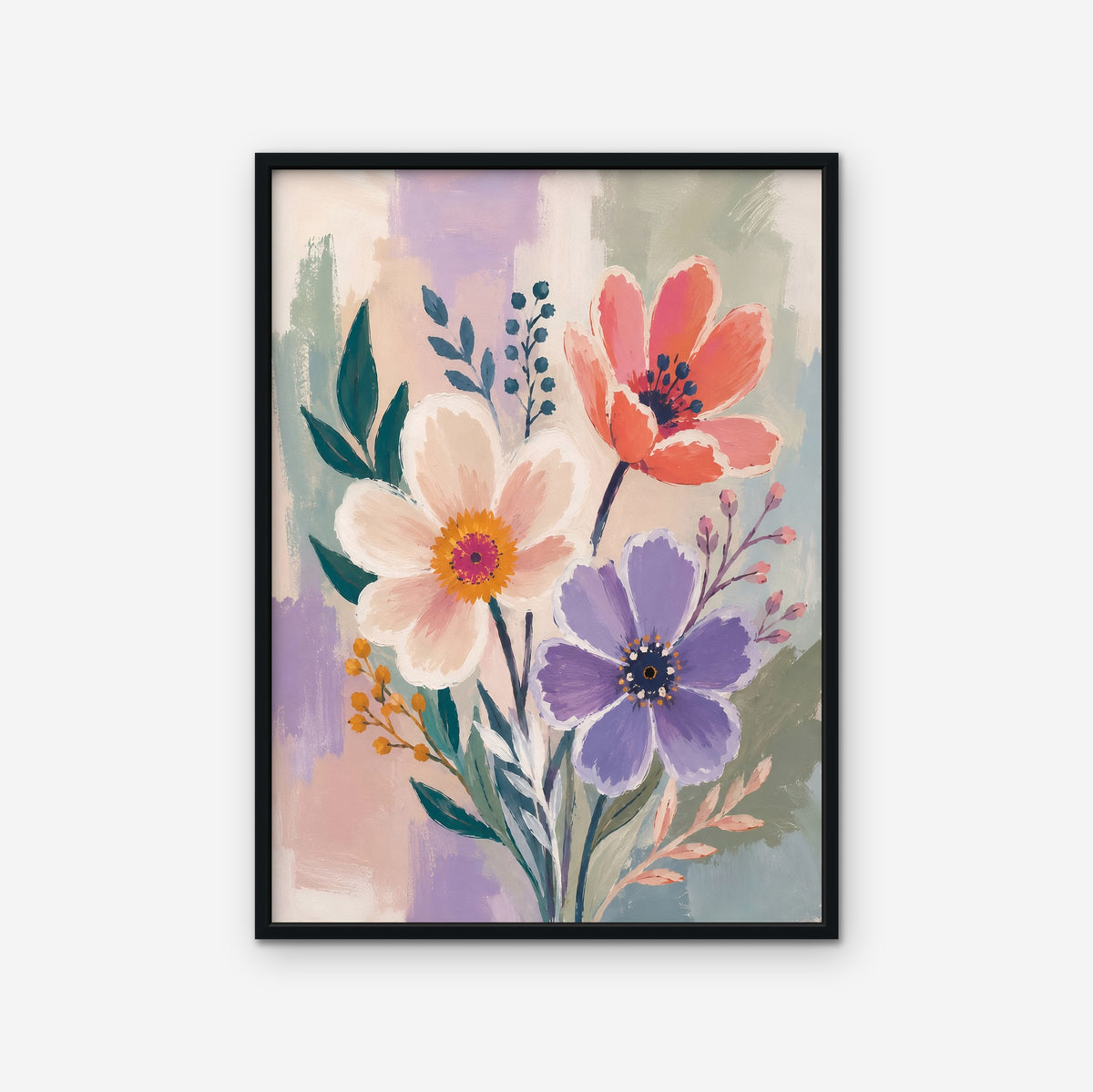 Lilac Garden Bouquet Canvas Art – vertical violet and coral floral print in a black floating frame on a white background