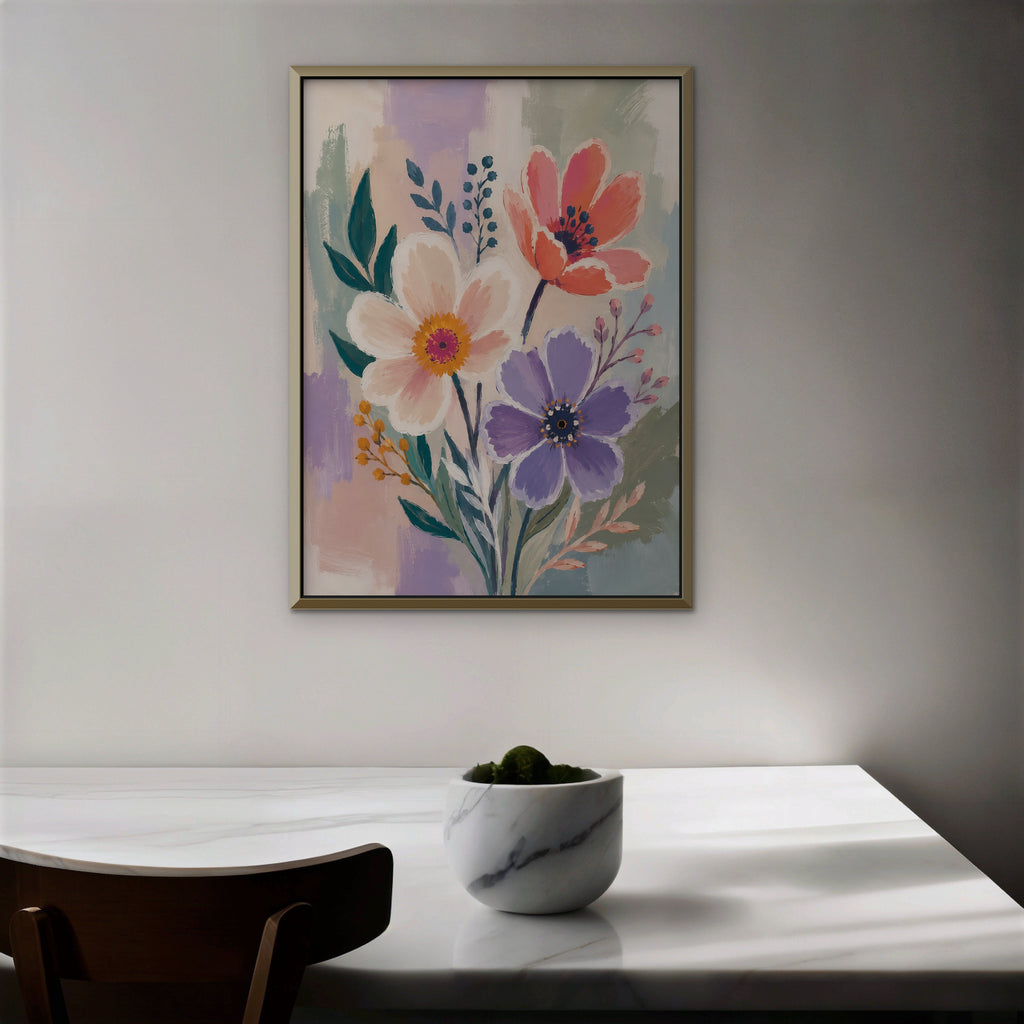 Lilac Garden Bouquet Canvas Art – vertical violet and coral floral print in a gold floating frame in a dining room