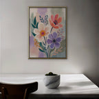Lilac Garden Bouquet Canvas Art – vertical violet and coral floral print in a gold floating frame in a dining room