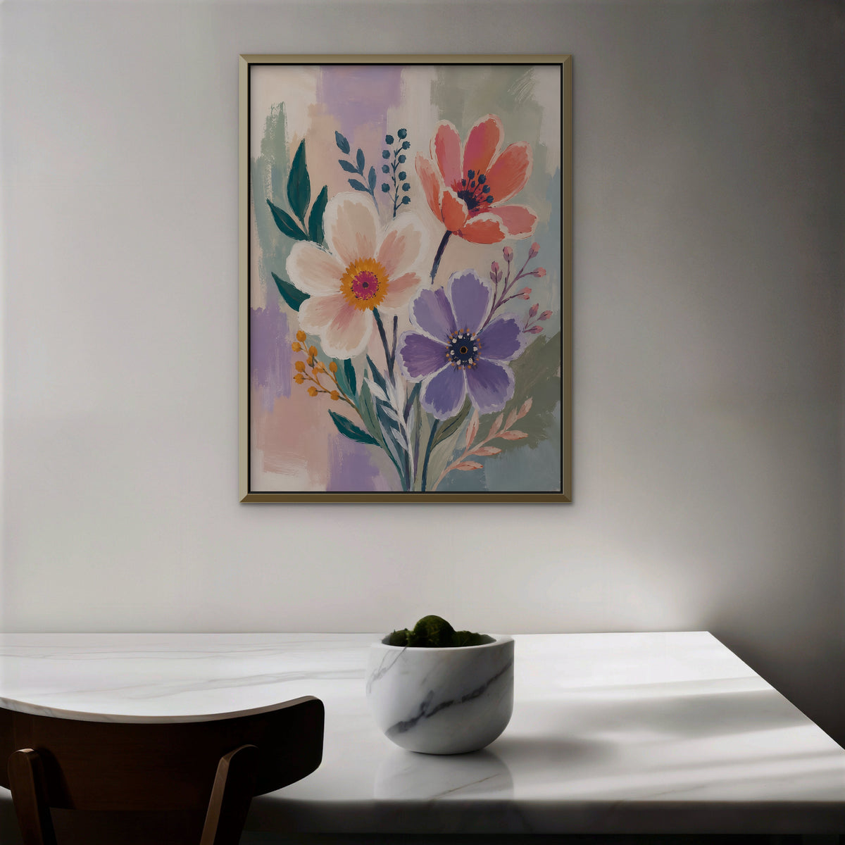 Lilac Garden Bouquet Canvas Art – vertical violet and coral floral print in a gold floating frame in a dining room
