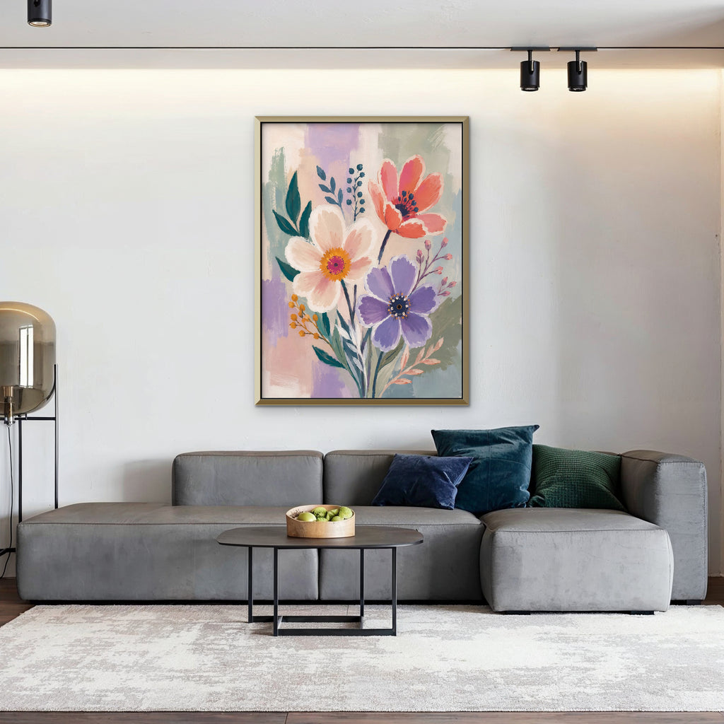 Lilac Garden Bouquet Canvas Art – vertical violet and coral floral print in a gold floating frame in a living room with charcoal accents