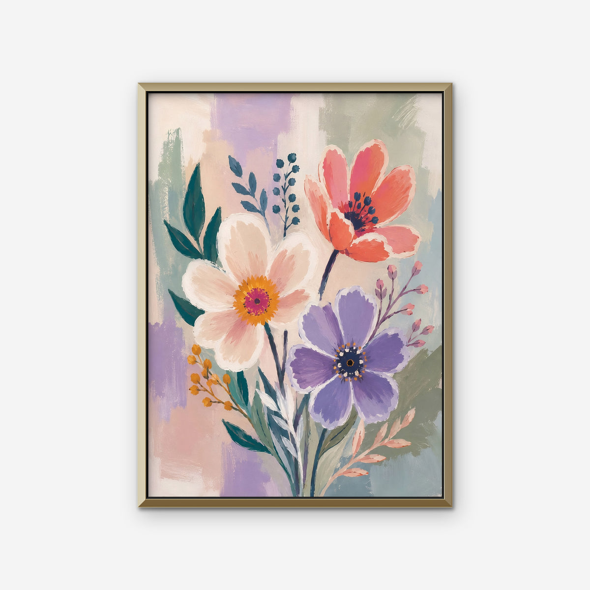 Lilac Garden Bouquet Canvas Art – vertical violet and coral floral print in a gold floating frame on a white background