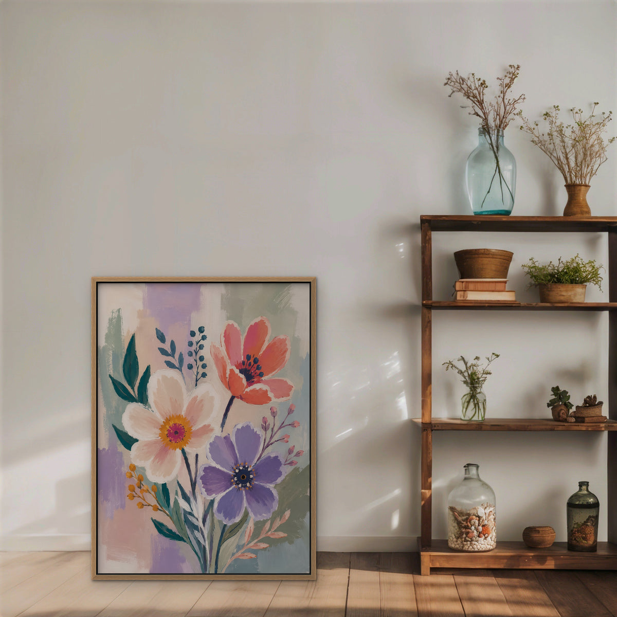 Lilac Garden Bouquet Canvas Art – vertical violet and coral floral print in an oak floating frame styled on a shelf