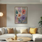Lilac Garden Bouquet Canvas Art – vertical violet and coral floral print in an oak floating frame in a bright living room