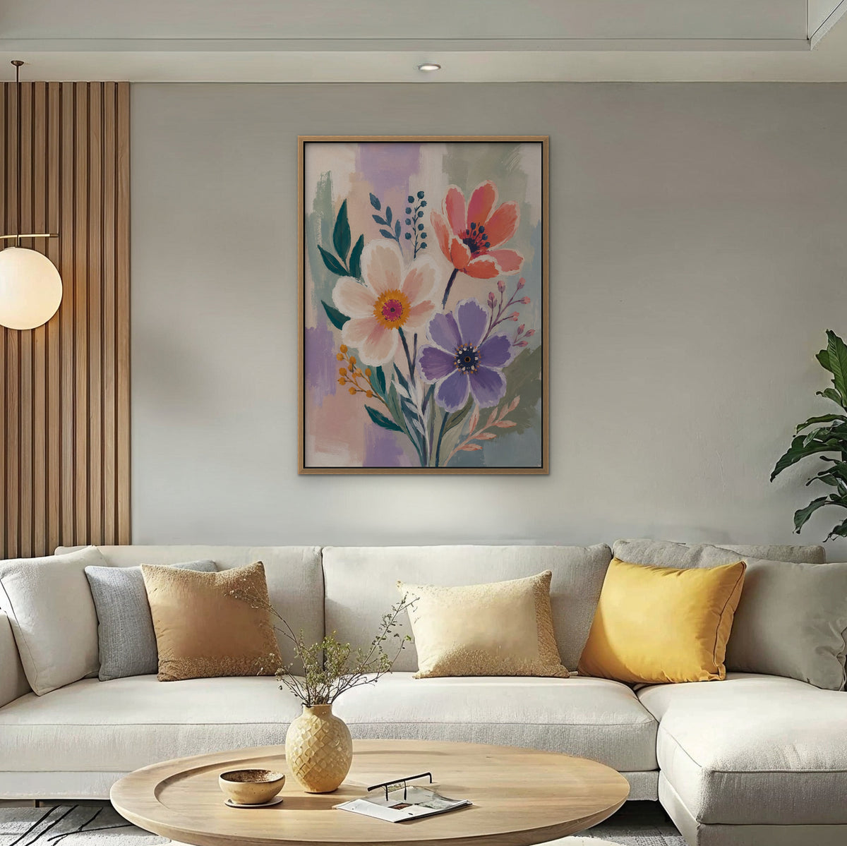 Lilac Garden Bouquet Canvas Art – vertical violet and coral floral print in an oak floating frame in a bright living room