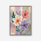 Lilac Garden Bouquet Canvas Art – vertical violet and coral floral print in an oak floating frame on a white background