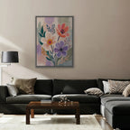 Lilac Garden Bouquet Canvas Art - Vertical – Silver Floating Frame in room setting