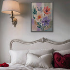 Lilac Garden Bouquet Canvas Art - Vertical – Silver Floating Frame in room setting