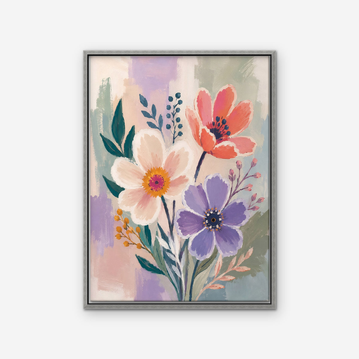Lilac Garden Bouquet Canvas Art - Vertical – Silver Floating Frame on white background