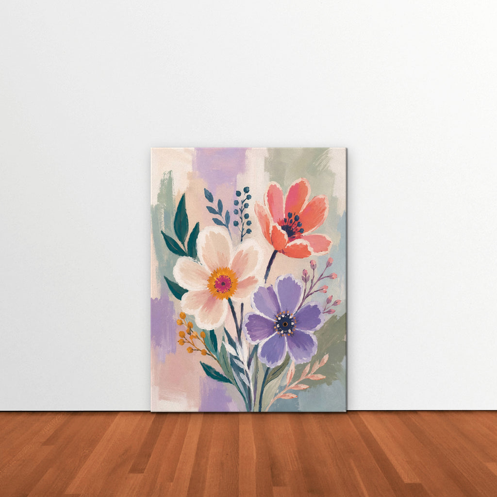 Lilac Garden Bouquet Canvas Art – vertical violet and coral floral print as a gallery-wrapped canvas leaning against a white wall