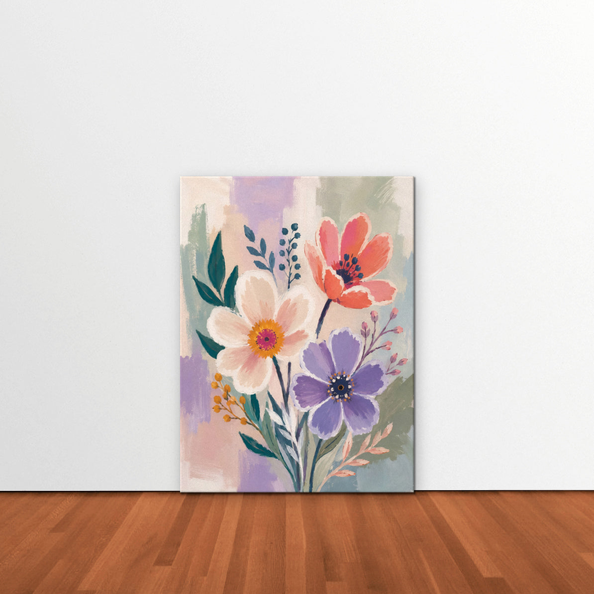 Lilac Garden Bouquet Canvas Art – vertical violet and coral floral print as a gallery-wrapped canvas leaning against a white wall