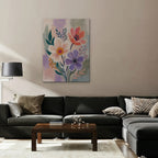 Lilac Garden Bouquet Canvas Art – vertical violet and coral floral print as a gallery-wrapped canvas in a taupe living room