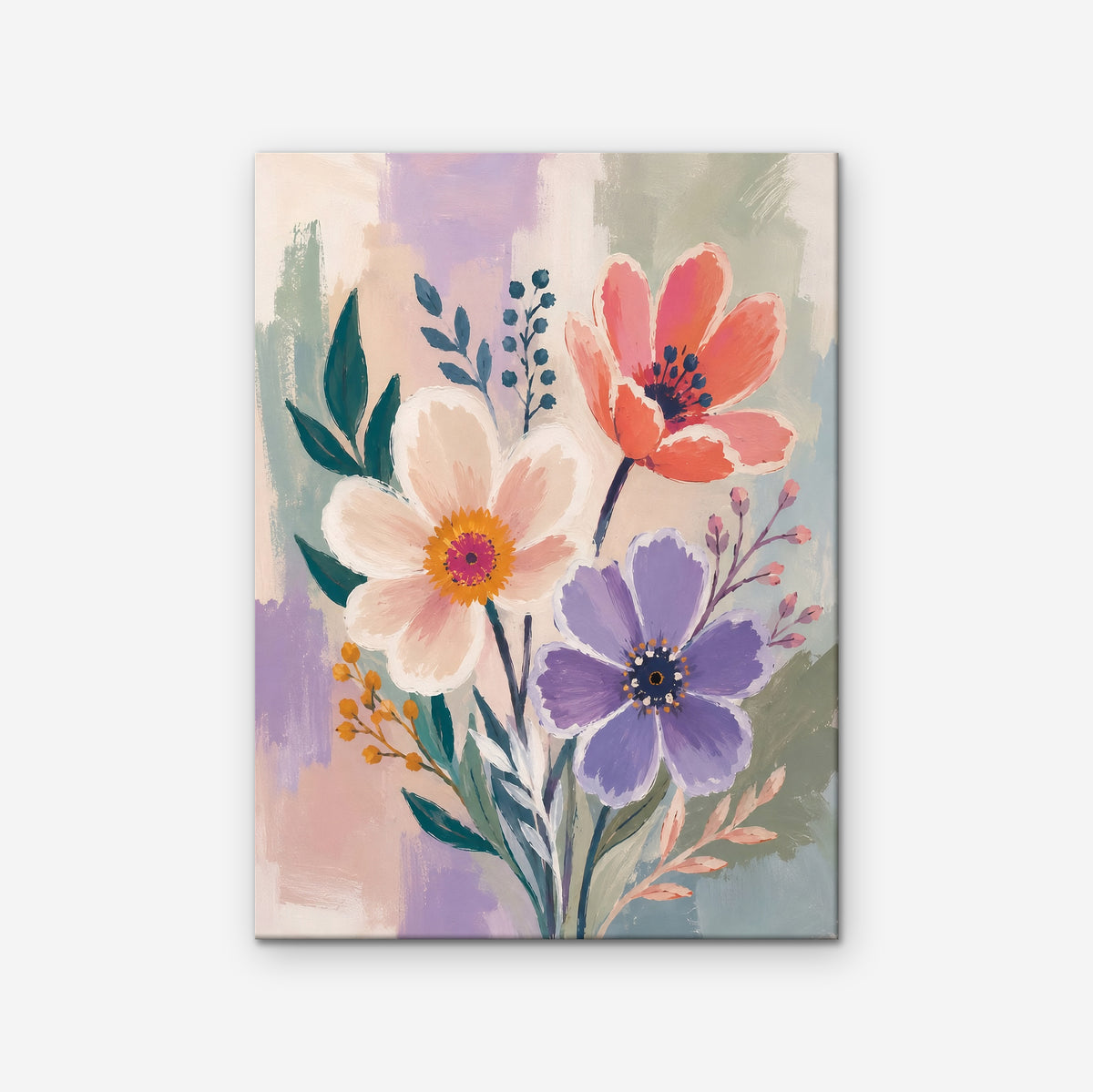 Lilac Garden Bouquet Canvas Art – vertical violet and coral floral print as a gallery-wrapped canvas on a white background