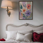 Lilac Garden Bouquet Canvas Art – vertical violet and coral floral print in a walnut floating frame in a bedroom