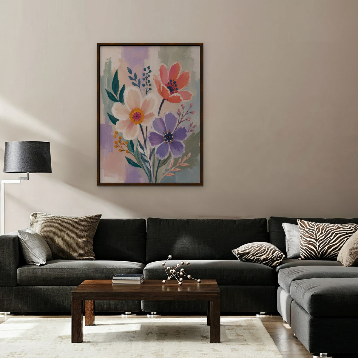 Lilac Garden Bouquet Canvas Art – vertical violet and coral floral print in a walnut floating frame in a taupe living room