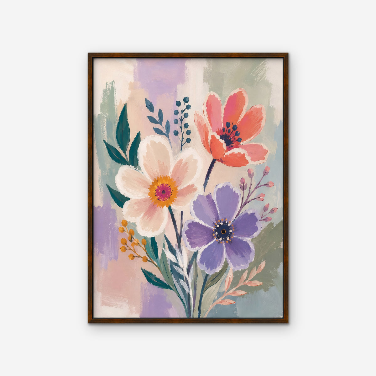 Lilac Garden Bouquet Canvas Art – vertical violet and coral floral print in a walnut floating frame on a white background