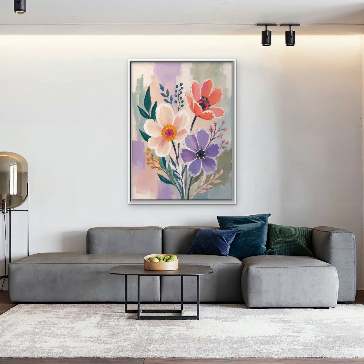 Lilac Garden Bouquet Canvas Art - Vertical – White Floating Frame in room setting