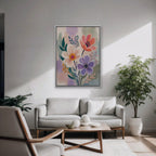 Lilac Garden Bouquet Canvas Art - Vertical – White Floating Frame in room setting