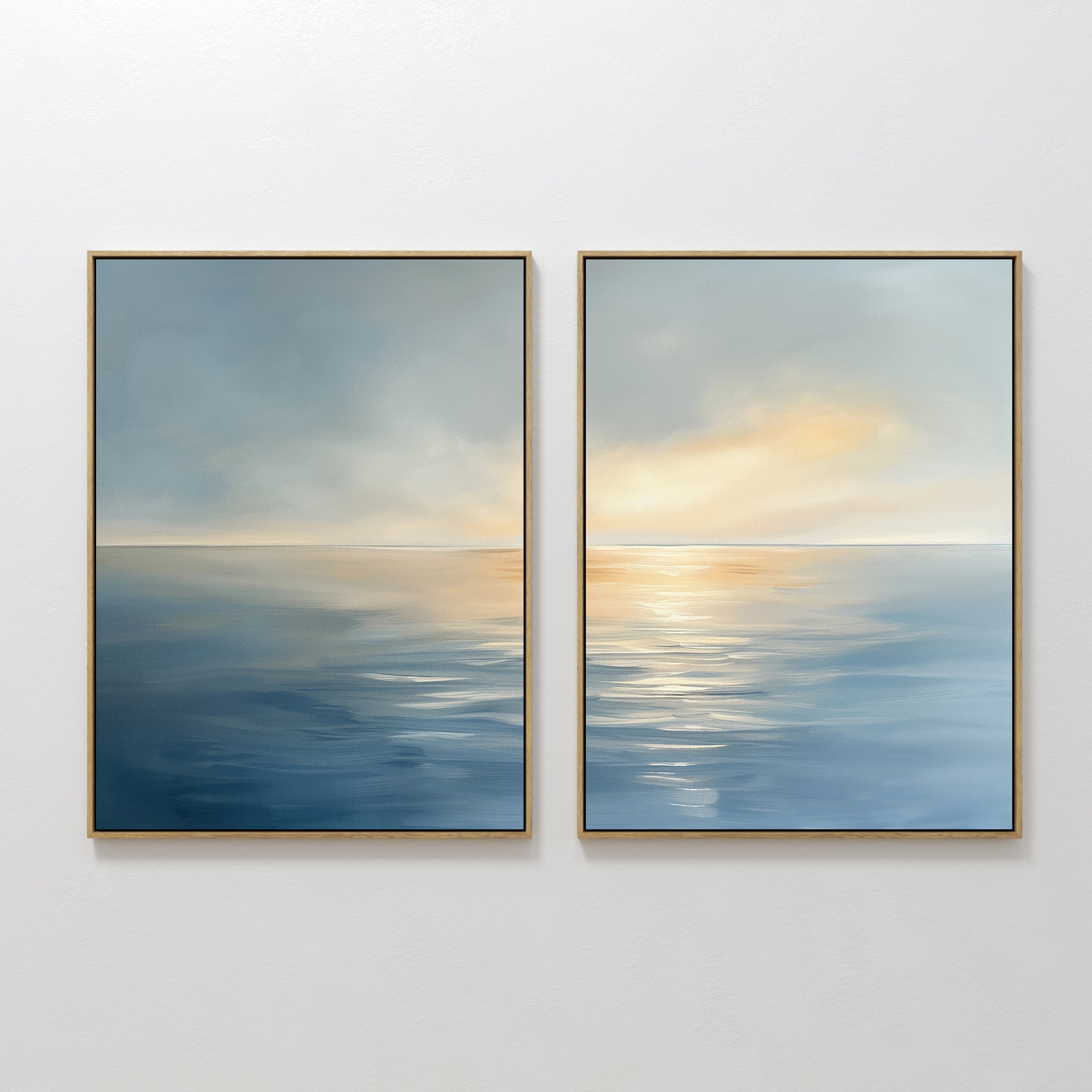 Whispering Tide & Amber Horizon – Set of 2 Canvas Prints set of 2 – blue coastal canvas wall art by Aspire Prints
