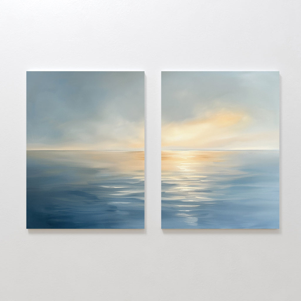 Whispering Tide & Amber Horizon – Set of 2 Canvas Prints set of 2 – blue coastal canvas wall art by Aspire Prints