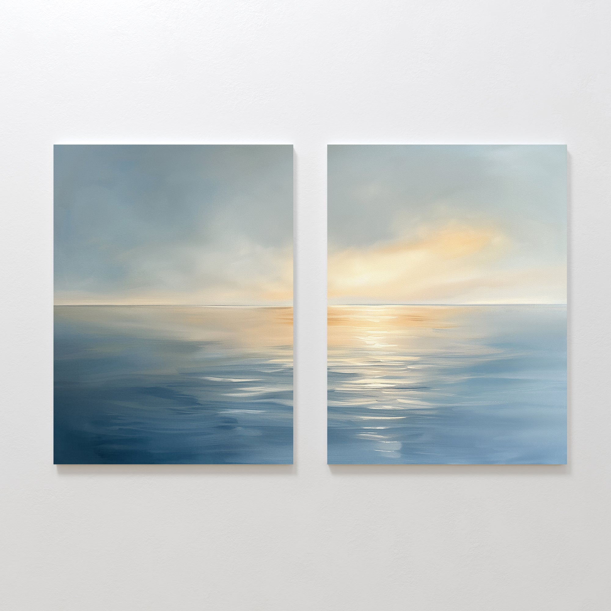 Whispering Tide & Amber Horizon – Set of 2 Canvas Prints set of 2 – blue coastal canvas wall art by Aspire Prints