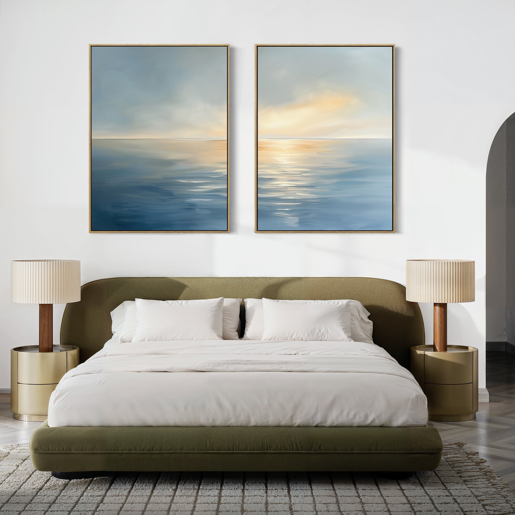 Whispering Tide & Amber Horizon – Set of 2 Canvas Prints set of 2 – blue coastal canvas wall art by Aspire Prints