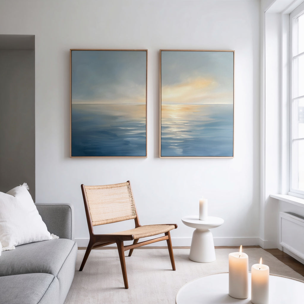 Whispering Tide & Amber Horizon – Set of 2 Canvas Prints set of 2 – blue coastal canvas wall art by Aspire Prints