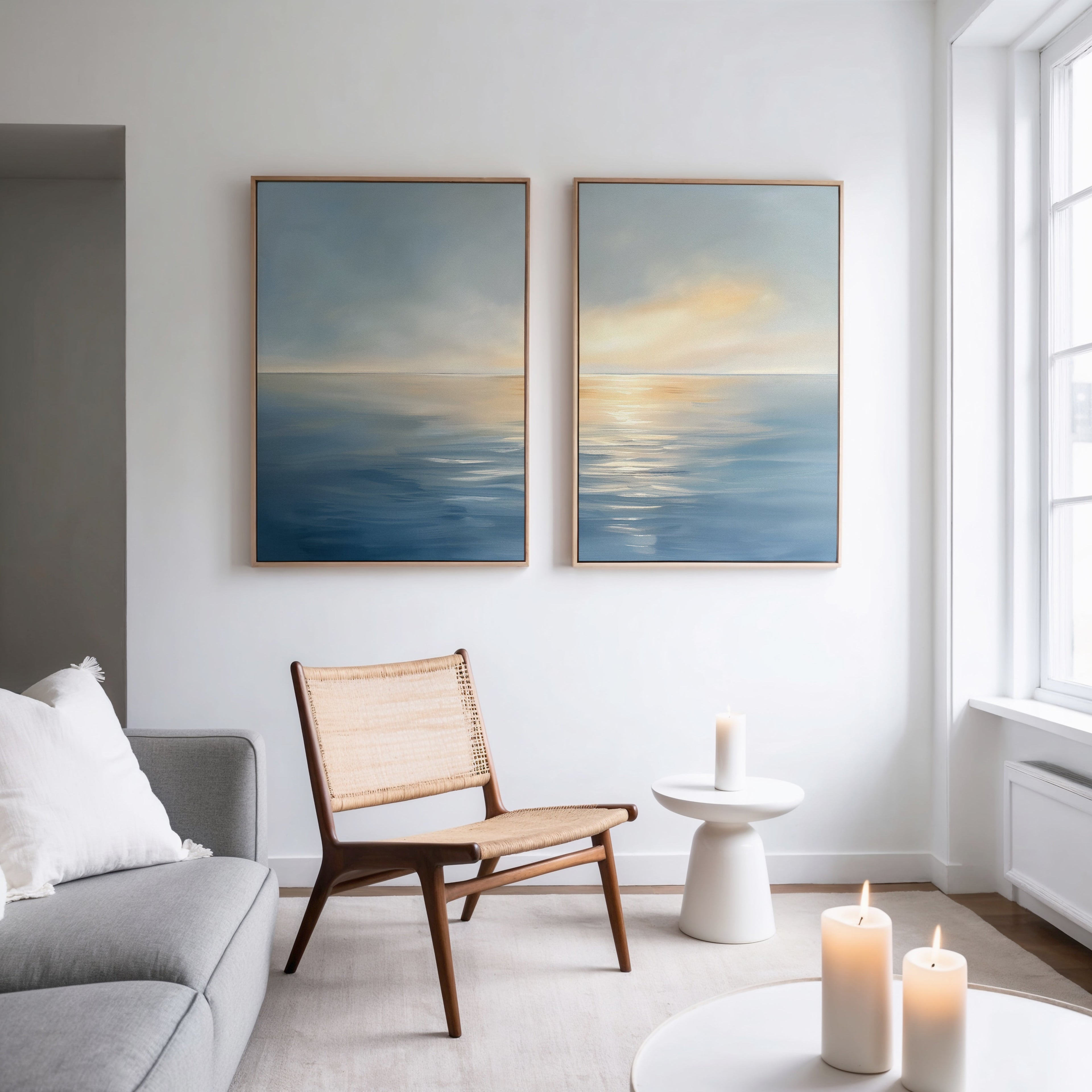 Whispering Tide & Amber Horizon – Set of 2 Canvas Prints set of 2 – blue coastal canvas wall art by Aspire Prints