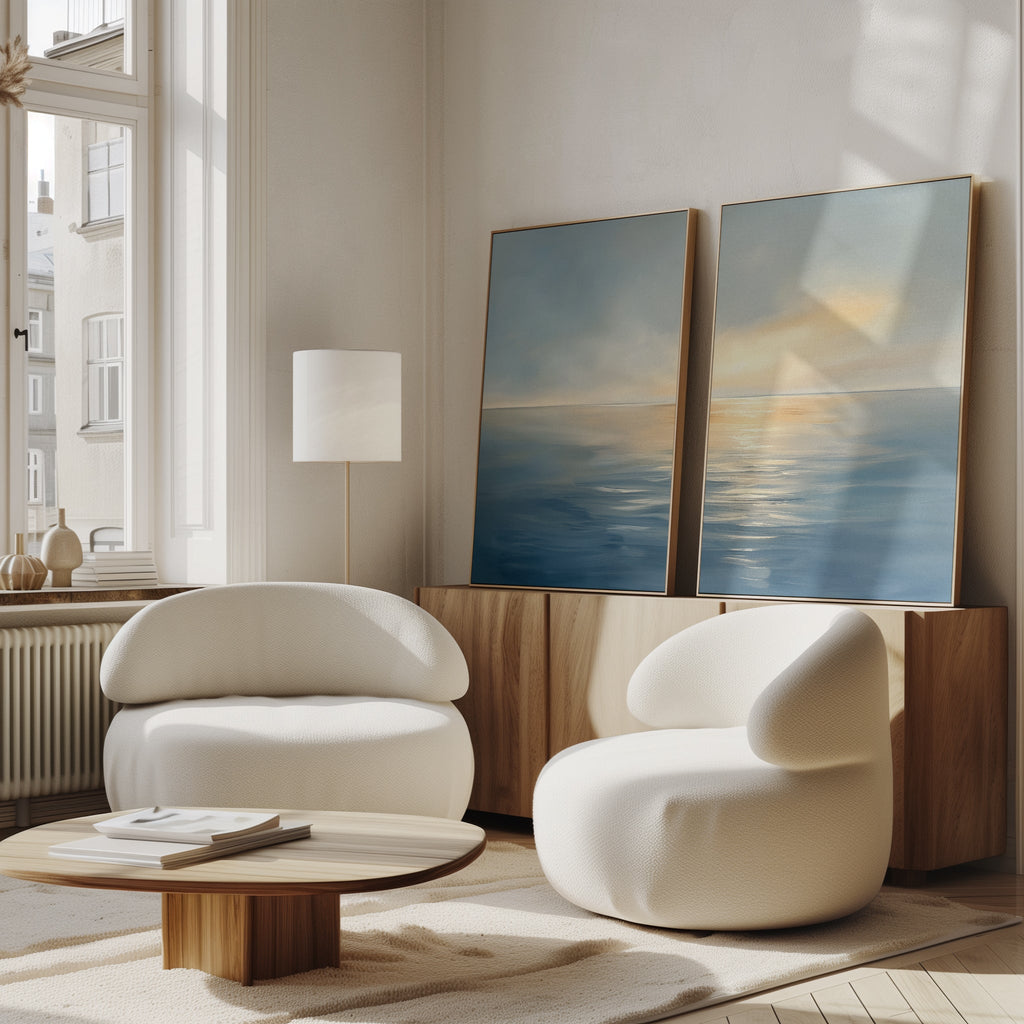 Whispering Tide & Amber Horizon – Set of 2 Canvas Prints set of 2 – blue coastal canvas wall art by Aspire Prints
