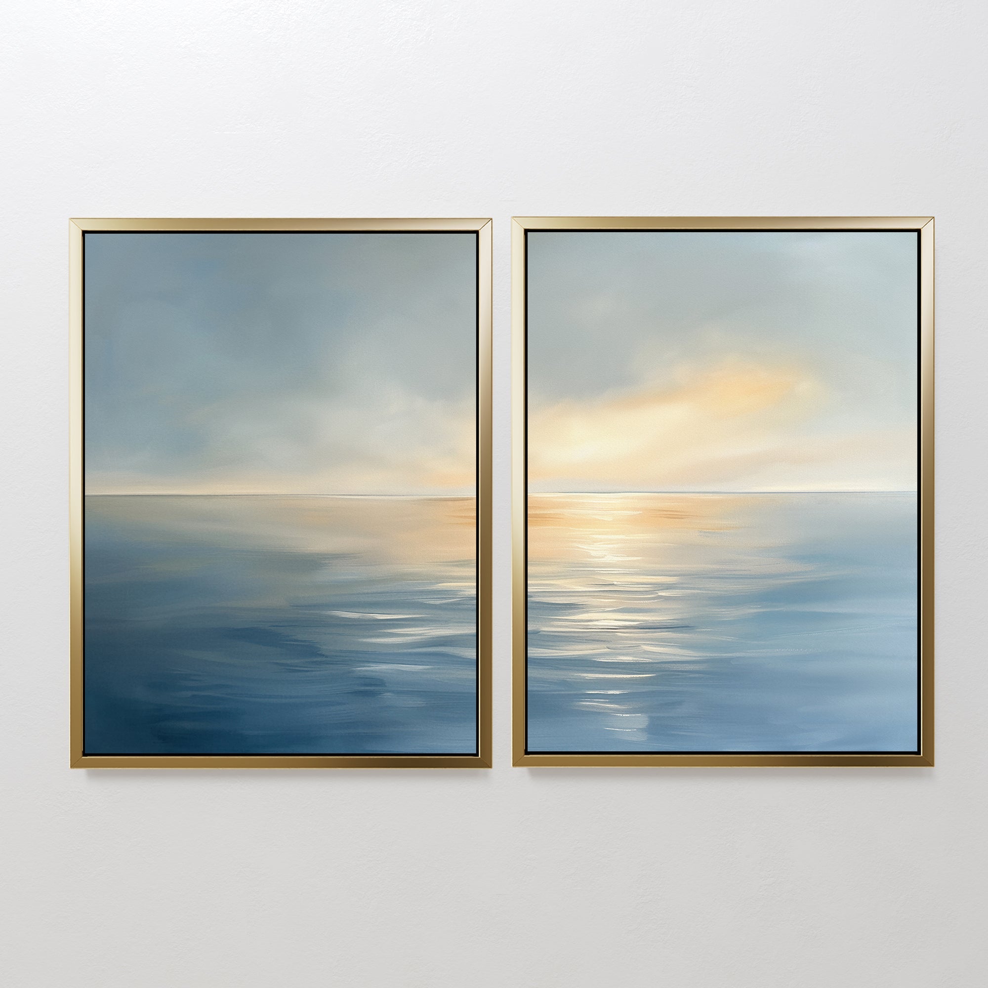 Whispering Tide & Amber Horizon – Set of 2 Canvas Prints set of 2 – blue coastal canvas wall art by Aspire Prints
